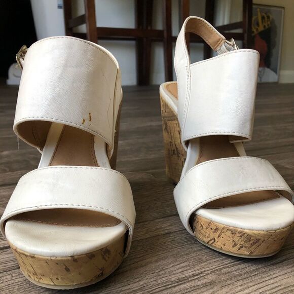 2/$20 Apt 9 White Wedge Cork Heel Strappy Heels Sandal - Picture 4 of 7
